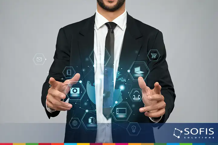Persona con íconos de tecnología alrededor